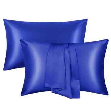 Imagem de Conjunto de 2 fronhas de cetim de seda tamanho padrão com fecho de envelope presentes amigos da pele e cabelo para mulheres homens 51 x 66 cm azul marinho