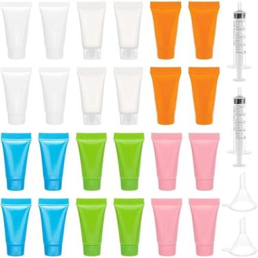 Imagem de 24 tubos de compressão de 5 ml, tubos de loção vazios de plástico de 6 cores, frascos macios recarregáveis com 2 funis e 2 peças de seringas sem agulha, recipientes de tamanho de viagem para loção