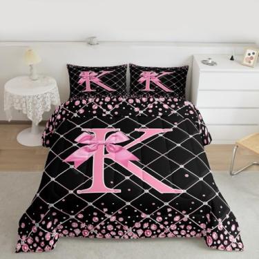 Imagem de Feelyou Conjunto de cama macio com laço rosa, para meninos e meninas, com letra K, solteiro, princesa, glitter, edredom, laço de microfibra, alfabeto, decoração de quarto, 2 peças com 1 fronha