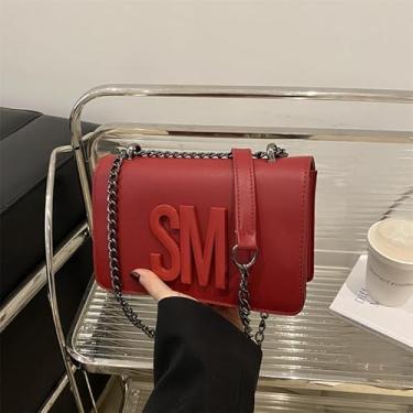 Imagem de Bolsa tiracolo com estampa de letras - Bolsa de ombro moderna com alça de corrente, bolsa quadrada pequena elegante (vermelha)