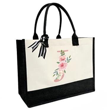 Imagem de Sacola de lona com carta impressa, presentes personalizados para mulheres, mães, amigas, professoras, bolsas de praia premium com zíper, J, Large