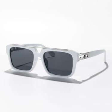 Imagem de Óculos de sol quadrado aviador de ponte dupla retrô para homens e mulheres, moderno, armação de metal, óculos piloto para atividades ao ar livre, Armação branca/lente preta, Lens Width: 55 Millimeters