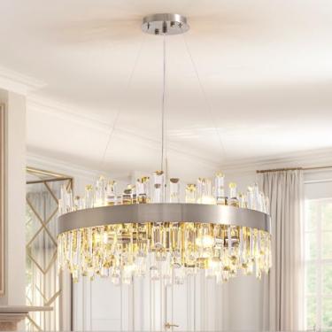 Imagem de Siljoy Lustre de cristal moderno de 12 luzes, redondo, níquel escovado, 2 camadas, K9, pingente, pingente, luxuoso, ajustável, luminária de teto para sala de estar, sala de jantar, cozinha, ilha D23,6