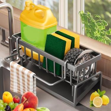 Imagem de Suporte com barra de toalha sobre organizador para louça, sabonete, esponja, escovas, utensílios de limpeza de cozinha, suporte para esposa e mãe, 1 peça (cinza)