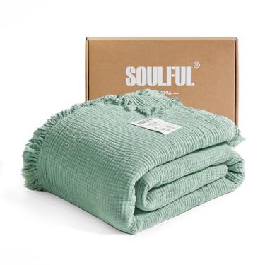 Imagem de SOULFUL Cobertor de musselina com borlas - Cobertor macio de algodão king size para sofá ou cama, gaze leve e respirável para todas as estações, Beangreen, 274 cm x 228 cm