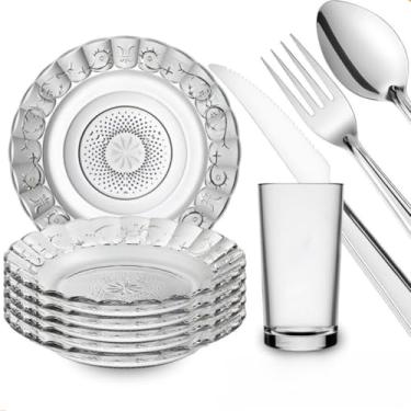 Imagem de Prato Raso Jogo de Pratos Fundos e Copos C/30 PeçAs Aparelho de Jantar em Vidro com Talheres