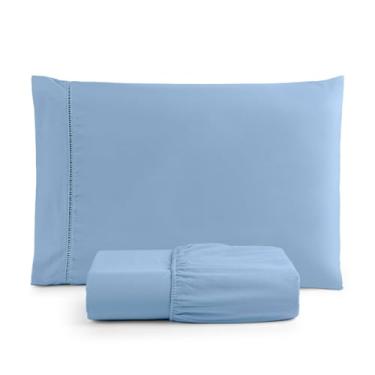 Imagem de Jogo de Lençol Solteiro 2 Peças Micropercal 400 Fios com Ponto Palito, Toque Acetinado de Hotel, Antiácaro, Não Amassa, Lençol com Elástico, Não faz bolinha (Cor Azul Claro)