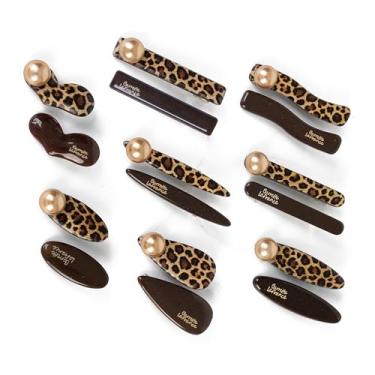 Imagem de 16 peças de grampos de cabelo para mulheres, marrom e estampa de leopardo, conjunto de grampos de cabelo modernos com pérola dourada, acessórios de cabelo de bico de pato presente de Natal para