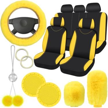 Imagem de Fulmoon Conjunto completo de 17 peças de capa de assento de carro para mulheres, acessórios de carro fofos e felpudos, Natal, volante, dianteiro, traseiro, flanela, travão de mão, capas de câmbio para