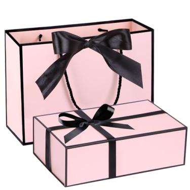 Imagem de Caixa de presente rosa com conjunto de sacos, caixa de presente de 24 x 15 x 7 cm com fecho magnético para presentes, caixa de embalagem dobrável para caixas de presente de dama de honra, caixa de