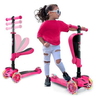 Imagem de Patinete Infantil Hurtle 2 em 1 Rosa com Assento Retrátil e Luzes LED, Scooter de 3 Rodas Ajustável para Meninas 1-14 Anos, Estável e Seguro, HURFS66
