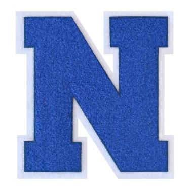 Imagem de 1 Patch de letra de chenille azul de 15 cm com borda branca – Adesivos do alfabeto para roupas, jaquetas, mochilas, chapéus para decoração personalizada, nome personalizado e artesanato. (N)