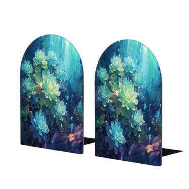 Imagem de Porta-livros de madeira grande mandala flor azul suporte de livros decorativo antiderrapante resistente terminais de livro para mesa de escritório em casa biblioteca de estudo escolar divisórias de