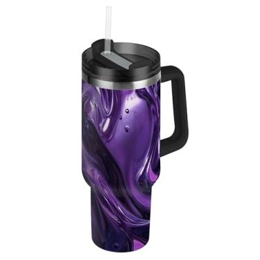 Imagem de SEHANY Copo de metal líquido roxo de 850 g com tampa e canudo, aço inoxidável de vácuo duplo isolado garrafa de água esportiva suporte para copo de café de viagem à prova de vazamento para bebida