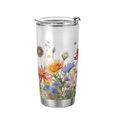 Imagem de xigua Copo de flores silvestres de jardim aquarela com tampa de palha, caneca de viagem a vácuo de parede dupla, caneca de café bem isolada, copo de aço inoxidável para bebidas quentes e frias, 600 ml