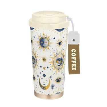 Imagem de SEHANY Caneca de viagem Sol e Lua 482 g Copos de café reutilizáveis revestidos de cerâmica com tampa à prova de vazamento, parede dupla, isolamento a vácuo, copo de café de aço inoxidável para bebidas