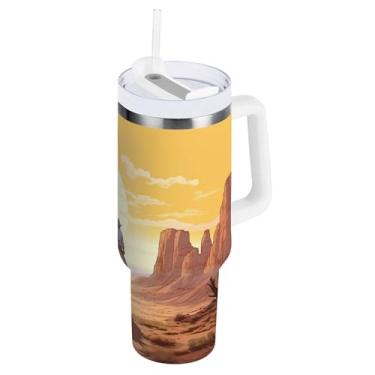 Imagem de xigua Copo vintage Western Cowboy de 850 g com tampa e canudo, aço inoxidável de vácuo duplo isolado garrafa de água esportiva suporte para copo de café de viagem à prova de vazamento para bebida