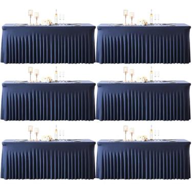 Imagem de Pacote com 6 toalhas de mesa de elastano azul marinho de 1,8 m para mesas retangulares, sem rugas, capa de mesa elástica com saia para festa de aniversário, casamento, banquete, chá de bebê, buffet de