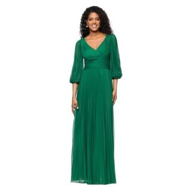 Imagem de Betsy & Adam Vestido feminino plissado gola V manga longa comprimento até o chão, Verde, 38