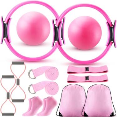 Imagem de Poen Kit de 14 peças de pilates em casa para mulheres conjunto de anel e bola de pilates com alça de alongamento 8 faixas de resistência antiderrapantes meias de ginástica bolsas de ginástica