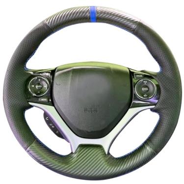 Imagem de Loncky Capa de volante de couro genuíno preta de fibra de carbono para Honda Civic 9 Civic 2012 2013 2014 2015 costurada à mão peças OEM para carro acessórios interiores