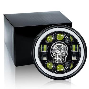 Imagem de zoomto Farol de LED para motocicleta de 14,75 cm, padrão de crânio, colorido, olho de anjo, farol redondo com seta de farol alto/baixo DRL e farol de LED leve