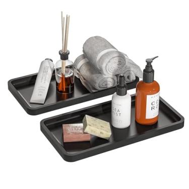 Imagem de Conjunto de bandeja de banheiro, organizador decorativo preto para bancada, cozinha, artigos de higiene pessoal, 25 x 12 cm, recipiente de armazenamento premium para sabonete, perfume, maquiagem