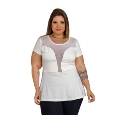 Imagem de Blusa Feminina Peplum Com Decote Em Tule Plus Size - Moda Mazal, Branc