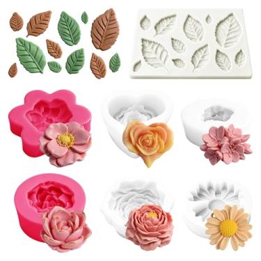 Imagem de Conjunto de moldes de silicone com 7 peças, fondant de peônia rosa flor 3D, molde de folha para kit de fabricação de velas de sabonete, decoração de bolo de chocolate, presente de artesanato de argila