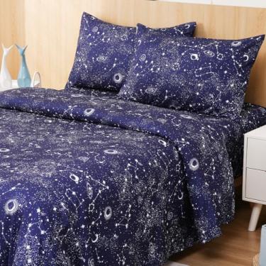 Imagem de Swiftify Jogo de lençol casal para crianças, lençol azul marinho Galaxy Stars, jogo de cama de 4 peças para meninos e meninas, roupa de cama de microfibra macia escovada, bolso profundo, resistente a