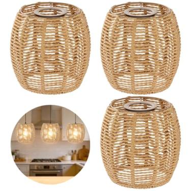 Imagem de 3 peças de abajur de corda de papel, 14 x 15 cm faça você mesmo, abajur boho com moldura de metal, abajur marrom rústico para quarto, sala de estar, sala de jantar