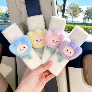 Imagem de Zigihos Capa de cinto de segurança com 2 peças, capas de cinto de segurança florais de flores fofas, almofada de cinto de segurança macia macia de pelúcia de inverno, almofadas de alça de assento de