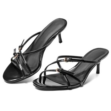Imagem de CouieCuies Sandálias de salto alto femininas de salto gatinho, sandálias sedosas, abertas, bico aberto, chinelos, vestido de festa, verão, mules, Preto, 36