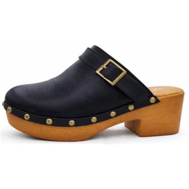 Imagem de Sapatos femininos clássicos de salto de madeira sintética sem cadarço com alça traseira opcional plataforma cravejada confortável salto baixo mule, Preto, 37