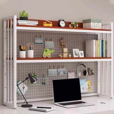Imagem de Organizador de estante de mesa camada dupla com moldura de aço de painel de grade e material de placa de madeira, suporte de carga estável para escritório, decoração de casa, cozinha (cor: branco +