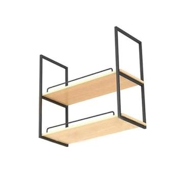 Imagem de Prateleiras flutuantes de madeira de 2 camadas – Organizador de cozinha montado na parede para restaurantes, bares e cafés – Armazenamento resistente com corrimão (80 x 30 x 80 cm)