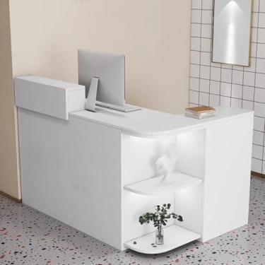 Imagem de Mesa de recepção em forma de L com grande armazenamento, balcão frontal branco para salão, escritório e sala de recepção - balcão de caixa de 140 cm/55