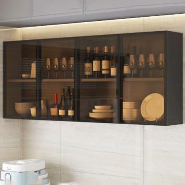 Imagem de Armário de armazenamento de porta de vidro montado na parede - Organizador de cozinha e banheiro de madeira maciça, 160 x 30 * 60 cm - Armário de varanda elegante e armário de parede para economia de