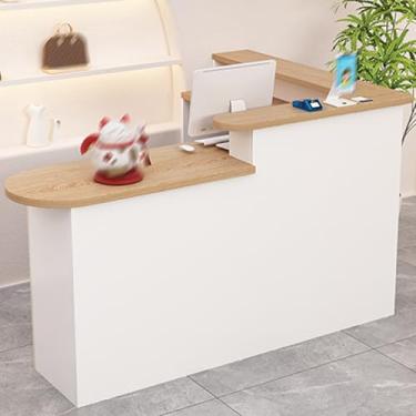 Imagem de Mesa de recepção pequena com gavetas trancáveis para salão, caixa de varejo ou escritório - Mesa de balcão frontal para sala de recepção - Acabamento de madeira natural