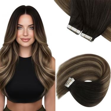 Imagem de Sunny Hair Extensões de cabelo humano com fita adesiva, 50 cm, 40 peças, fita Remy em extensões, preto, balayage, marrom, ombré, cinza, loiro, fita em 100 g