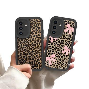 Imagem de Zrutru Pacote com 2 capas de telefone pretas com estampa de chita para Samsung Galaxy A15 5G capa de leopardo com laço rosa, capa de TPU à prova de choque para mulheres e meninas capa de proteção