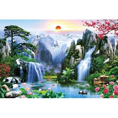 Imagem de Leowefowa Cenário fotográfico Fairyland Mountain Lake 3 x 2,1 m de vinil, primavera, cachoeiras, cisnes, peixes, flores, Japão, verão, sonhador, paisagem natural, fundo de parede, decoração de casa