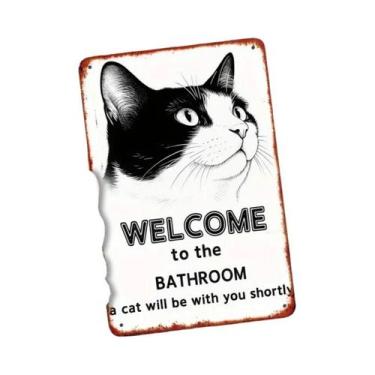 Imagem de Placa De Boas-Vindas Engraçada Para Banheiro Com Gato Preto E Branco -