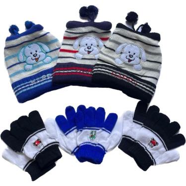 Imagem de Kit Touca Gorro e Luva Infantil Menino Animaizinhos para Inverno com 3 Unidades em Lã Poliéster OEM