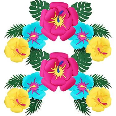 Imagem de Zonon 22 peças de decoração de hibisco havaiano luau multicolorido, flores de hibisco e folhas de palmeira tropicais, flores artificiais de simulação grande para decoração de festa havaiana Luau Aloha