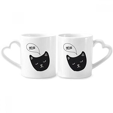 Imagem de Conjunto de canecas de porcelana para casais de animais preto cabeça de gato mewing conjunto de canecas de cerâmica para amantes de coração
