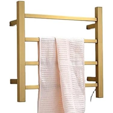 Imagem de Aquecedor de toalhas elétrico ouro escovado, toalheiro aquecido de 4 barras, aquecedor de toalhas quente montado na parede para banheiro, toalheiro quente de aço inoxidável