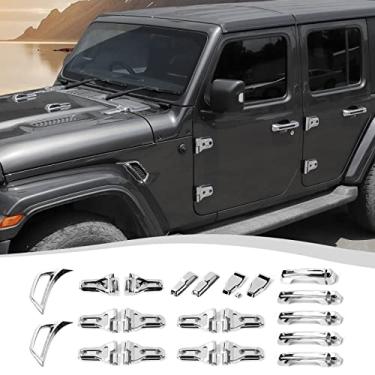 Imagem de SQQP Conjunto completo de 22 peças kit de acabamento de decoração exterior compatível com Jeep Wrangler JL JLU 2/4 portas 2/4 2018-2023, capas de dobradiça de motor de capô de porta maçaneta lateral tampa da dobradiça da janela (cromado)
