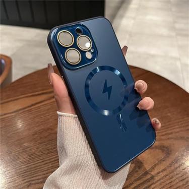 Imagem de Capa de telefone de vidro com lente magnética micro fosca para iPhone 11 12 13 14 15 Pro Max Plus Capa macia de acrílico rígido à prova de choque, azul marinho, para iPhone 11
