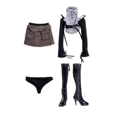 Imagem de menolana Conjunto de roupas de boneca feminina 1/6, roupa completa com ombro de fora, camiseta, saia curta, botas, uniforme para figura de ação de 12